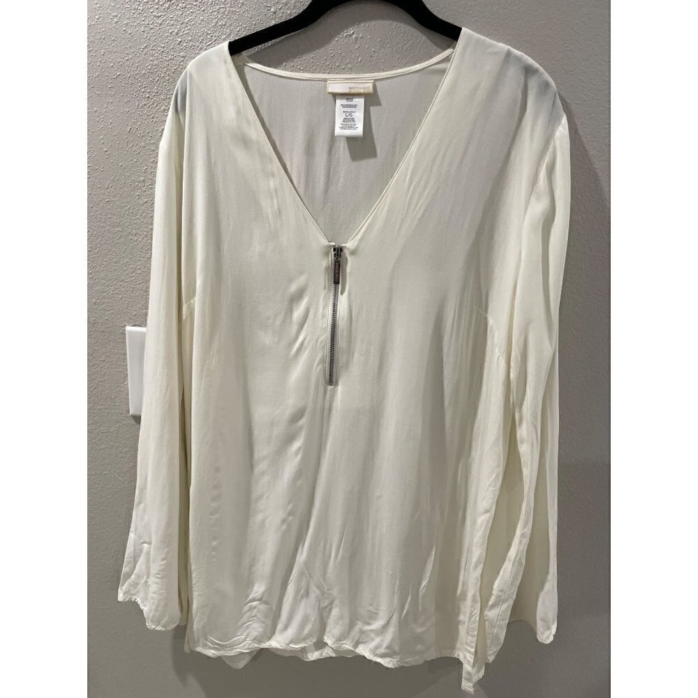 Michael KORS Career WOMENS WHITE BLOUSE 1/4 ZIP V-NECK LONG SLEEVE SIZE LARGE